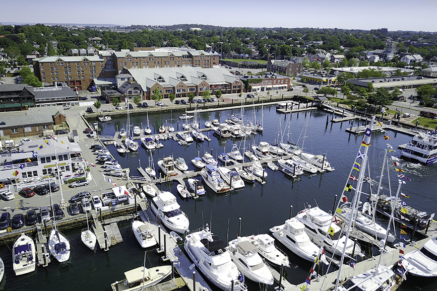Aerial photo of the Newport Harbor in Newport Rhode Island right next to the Newport Marriott Hotel