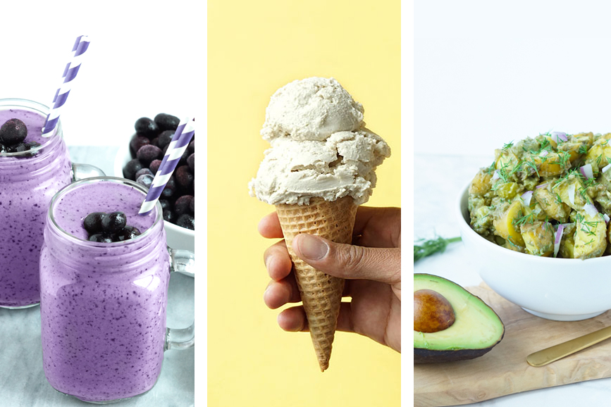 3 photos of some of Brianne Theisen-Eaton's of www.weareeaton.com recipes including a blueberry chia smoothie, vanilla coconut cashew ice cream, and avocado potato salad.