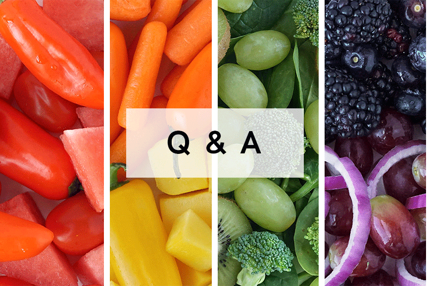 A Q&A gif with rotating photos of vegetables and fruits of all colors of the rainbow. 