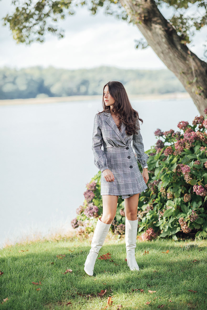top plaid pieces for fall liv for luxury liv micheli wearing free people plaid dress and mango white boots