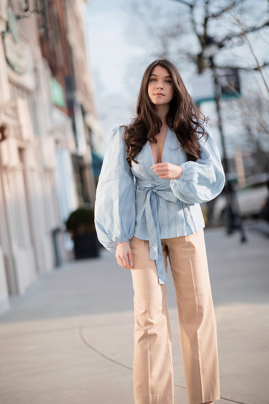 spring tops for a wardrobe refresh liv for luxury liv micheli wearing Petersyn Clothing Simone Blouse and Mango pants